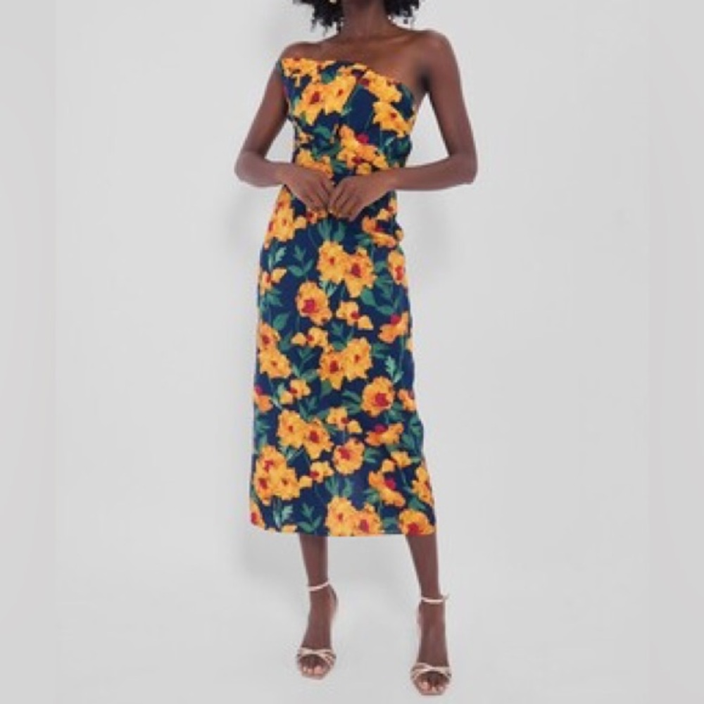 Navy Floral One Shoulder Dress